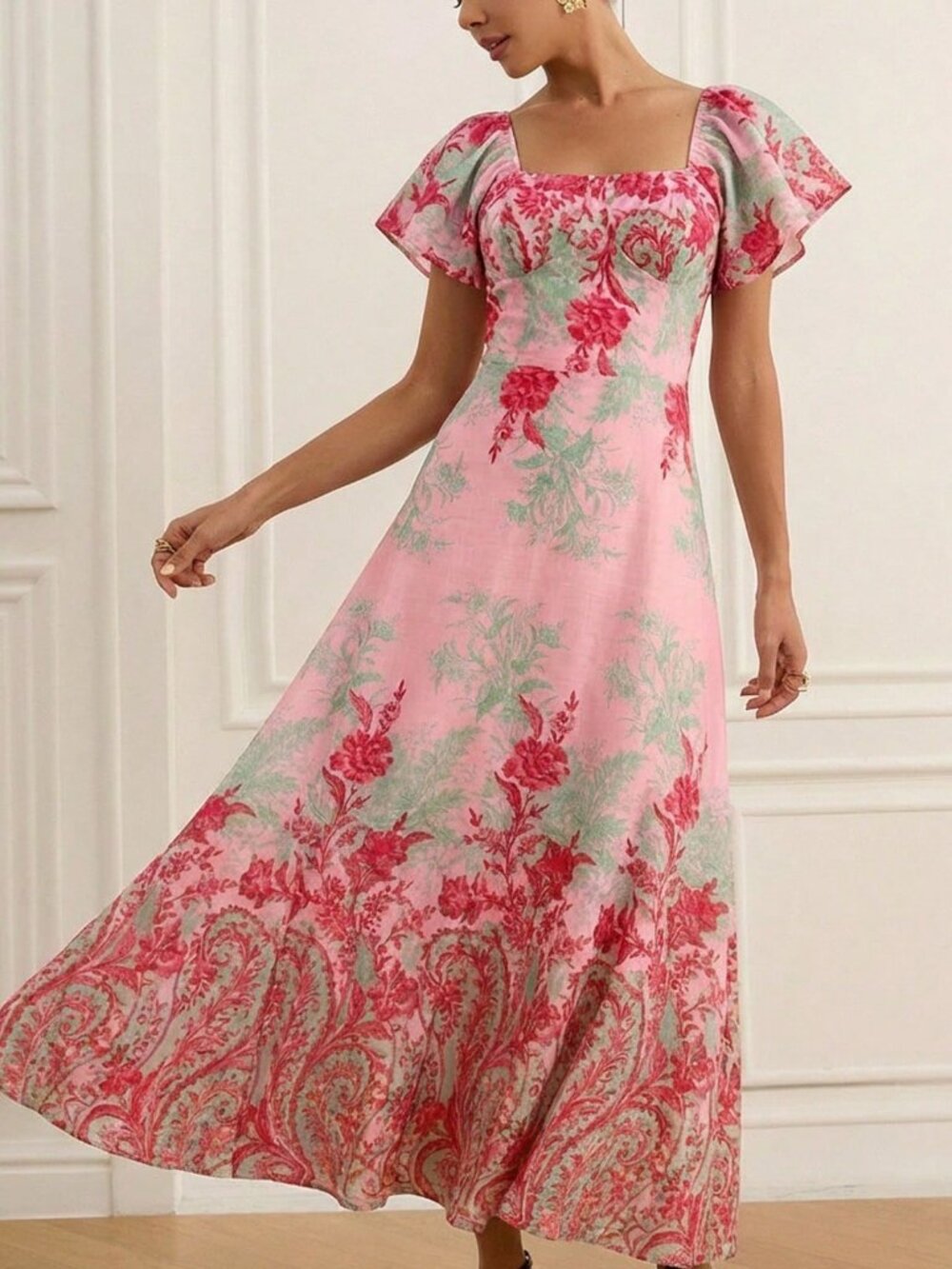 Pink Elegant Women's Floral Print maxi Dress - Picture 5 of 6